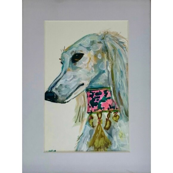 Dog Painting Original Watercolor in Metal Frame Bamboo Design Whimsical Gift - Picture 4 of 5